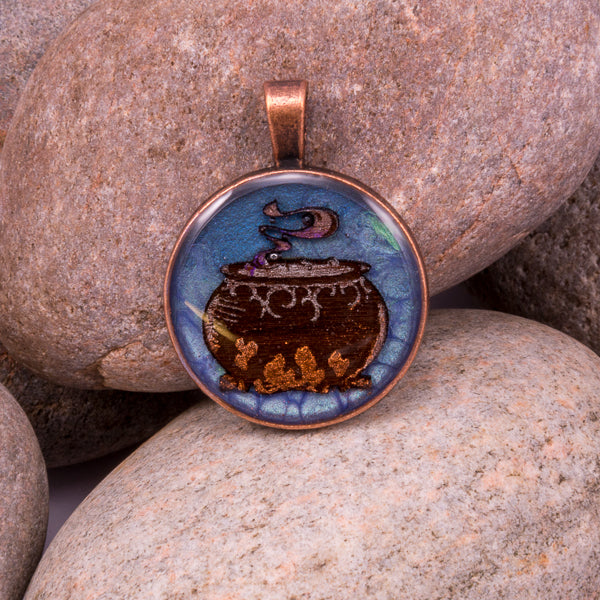 Handcrafted Bespoke Witches Cauldron Pendant; set in copper effect metal bezel.| Jabbawocky Crafts (jabbawockycrafts.co.uk)