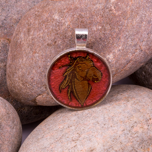 Handcrafted Bespoke Spirited Horse Pendant; set in silver effect metal bezel.| Jabbawocky Crafts (jabbawockycrafts.co.uk)