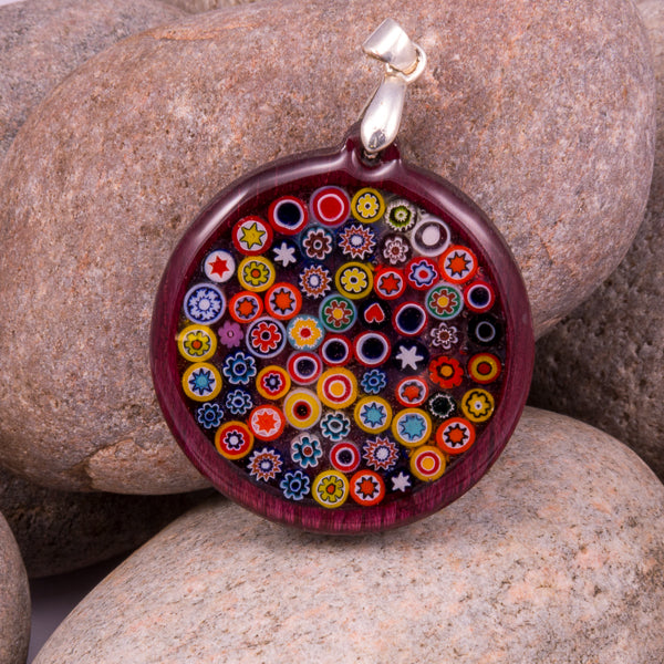 Handcrafted Bespoke Millefiori Pendant; set in contemporary purple heart wood.| Jabbawocky Crafts (jabbawockycrafts.co.uk)