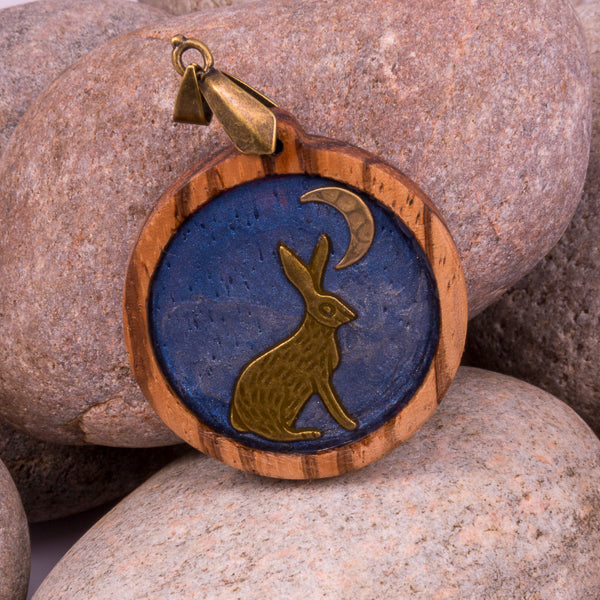 Handcrafted Bespoke Moon Gazing Hare Pendant; set in contemporary zebrano wood.| Jabbawocky Crafts (jabbawockycrafts.co.uk)