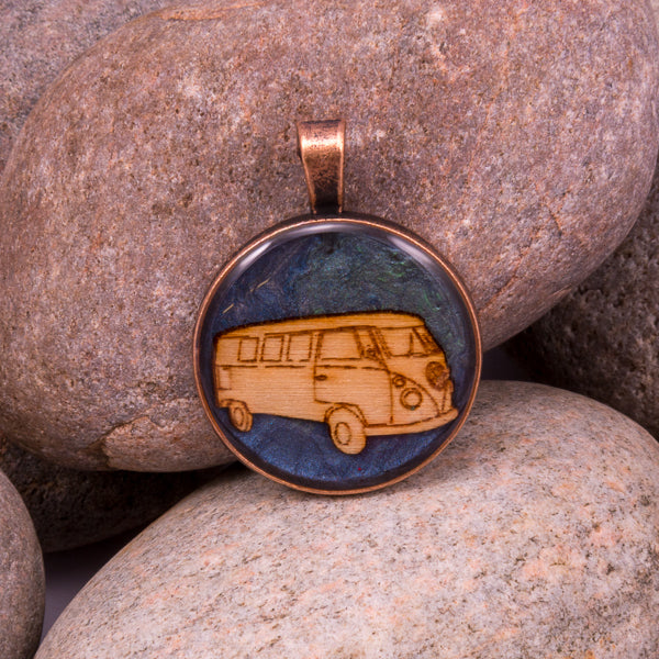 Handcrafted Bespoke VW Campervan Pendant; set in copper effect metal bezel.| Jabbawocky Crafts (jabbawockycrafts.co.uk)