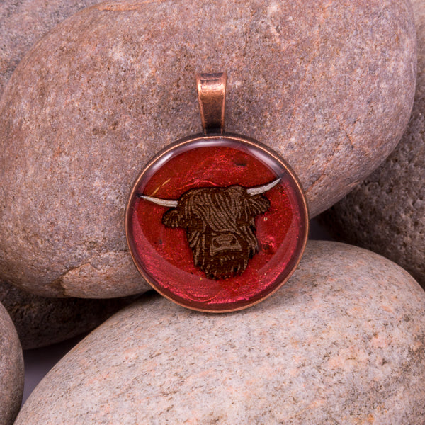 Handcrafted Bespoke Highland Cow Pendant; set in copper effect metal bezel.| Jabbawocky Crafts (jabbawockycrafts.co.uk)