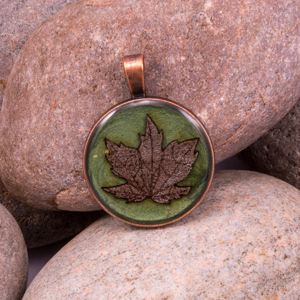 Handcrafted Bespoke Maple Leaf Pendant; set in copper effect metal bezel.| Jabbawocky Crafts (jabbawockycrafts.co.uk)