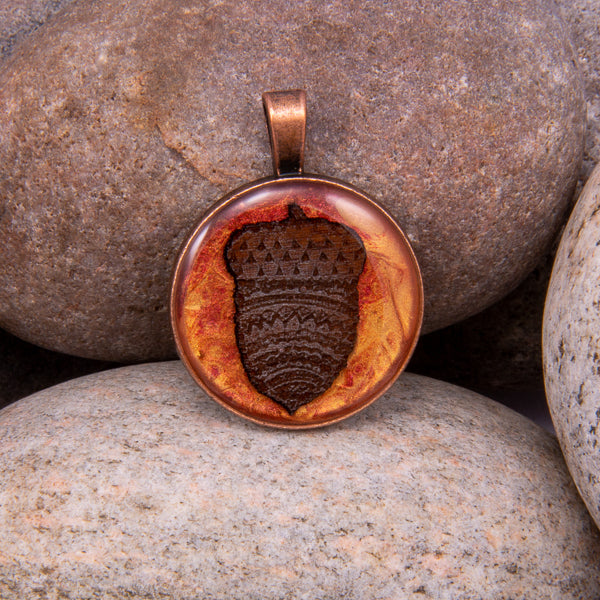 Handcrafted Bespoke Acorn Pendant; set in Copper Effect metal bezel.| Jabbawocky Crafts (jabbawockycrafts.co.uk)